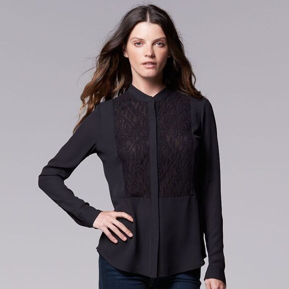 Simply Vera Vera Wang Medium Lace Blouse Pleated Back Hidden Button Up - Picture 1 of 10